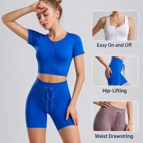 Women Ribbed Yoga Top And Bottom Slim Fit Front Zipper Sports Bra Short Sleeve Crop Top Drawstring Lifting Shorts Set