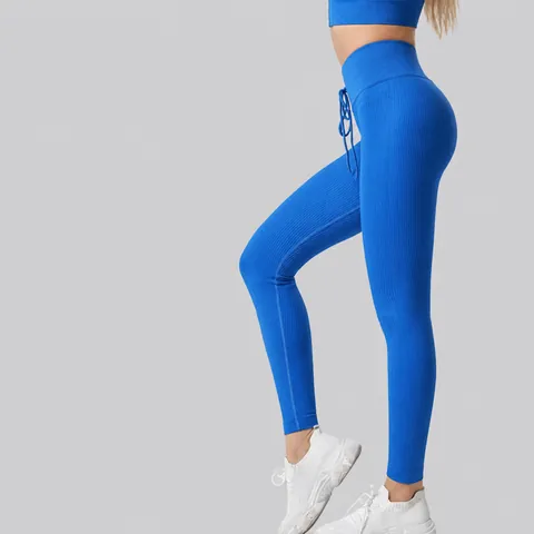 Women Ribbed High Waist Yoga Pants Drawstring Tummy Control Butt Lifting Leggings Slim Fit Athletic Training Bottoms