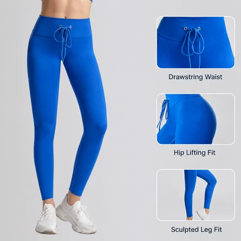 Women Ribbed High Waist Yoga Pants Drawstring Tummy Control Butt Lifting Leggings Slim Fit Athletic Training Bottoms