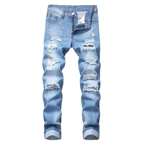 Men Distressed Ripped Straight Leg Jeans Slim Fit Washed Cotton Denim Pants Vintage Casual Streetwear Trousers For Men