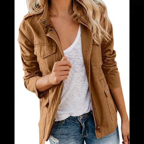 Chaqueta Utilitaria de Algodón Casual para Mujer Multi-Bolsillo Color Sólido con Cremallera Top Abrigo Primavera Otoño