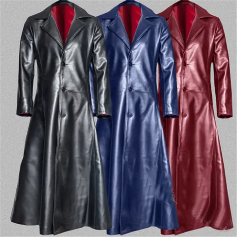 Herren Retro Langer PU Ledermantel Slim Fit Revers Einreihig Windjacke Übergangsmantel Für Herbst Winter Täglich Outwear