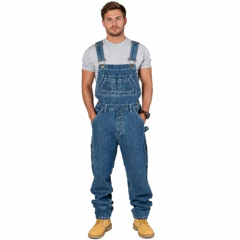 Peto Vaquero para Hombre Ropa de Trabajo Japonesa Multibolsillos Jumpsuits Largos de Algodón Casual Pantalones de Denim de Pierna Recta