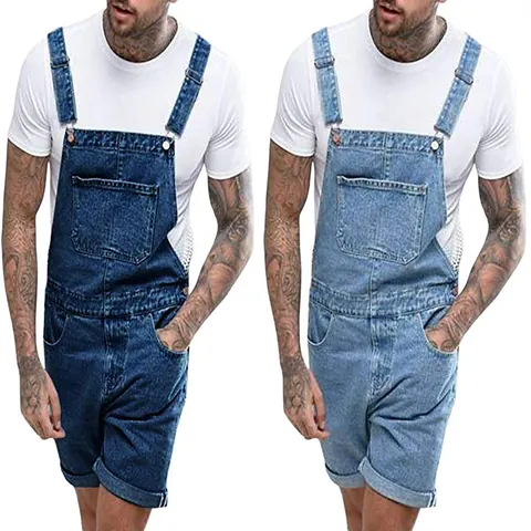 Men's Retro Distressed Denim Overalls Shorts Jumpsuit Vintage Ripped Cotton Workwear Dungarees With Adjustable Straps Pockets Fashion