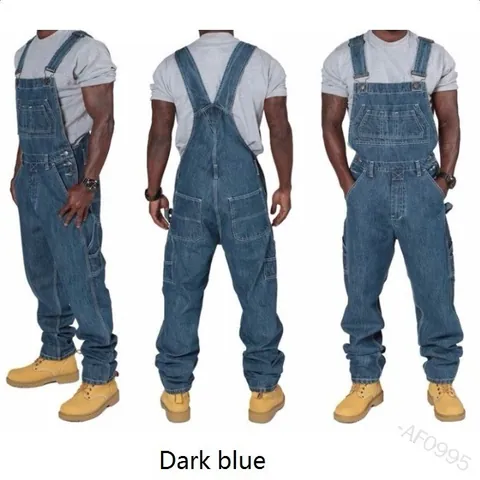 Men's Casual Loose Denim Overalls Multi-pocket Workwear Jumpsuit Cotton Solid Color Adjustable Bib Pants Top And Bottom