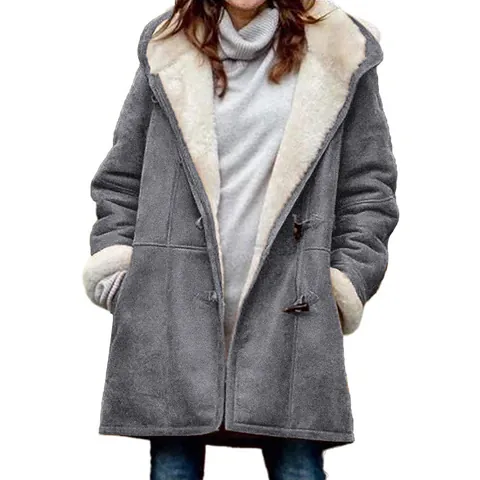 Women Hooded Toggle Coat Fleece Lined Long Sleeve Warm Jacket Solid Color Winter Outerwear Casual Top