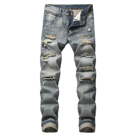 Men Distressed Ripped Straight Leg Jeans Slim Fit Washed Cotton Denim Pants Vintage Casual Streetwear Trousers For Men