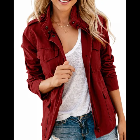 Chaqueta Utilitaria de Algodón Casual para Mujer Multi-Bolsillo Color Sólido con Cremallera Top Abrigo Primavera Otoño