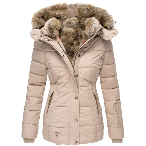 Women's Slim Fit Quilted Padded Jacket With Artificial Fur Hooded Collar Warm Cotton Outerwear Coat For Winter Daily Wear