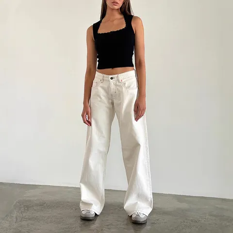 Women American Vintage Low Waist Washed Straight Jeans Cotton Streetwear Wide Leg Denim Pants Fall New Hand Worn Trousers