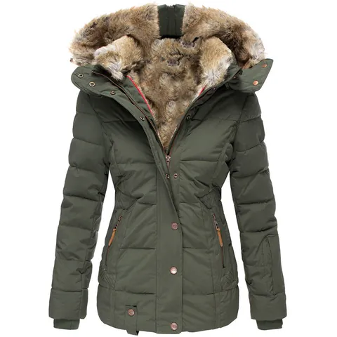 Women's Winter Slim Fit Hooded Padded Jacket With Faux Fur Collar Warm Cotton Quilted Coat Zipper Outerwear Top