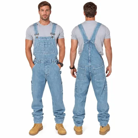 Men's Casual Loose Denim Overalls Multi-pocket Workwear Jumpsuit Cotton Solid Color Adjustable Bib Pants Top And Bottom