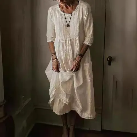 Dames Casual Ruime Maxi Jurk Met Zakken Effen Kleur Ronde Hals Korte Mouw Polyester Jurk Vintage Elegante Lange Jurk