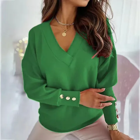 Top de Punto de Mezcla de Algodón con Cuello en V para Mujer Elegante Jersey de Color Liso con Puños con Botones Dorados