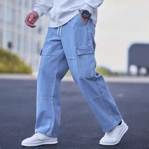Men's Patchwork Drawstring Straight Cargo Jeans Distressed Denim Pants With Side Pockets Streetwear Fashion Bottom For Men
