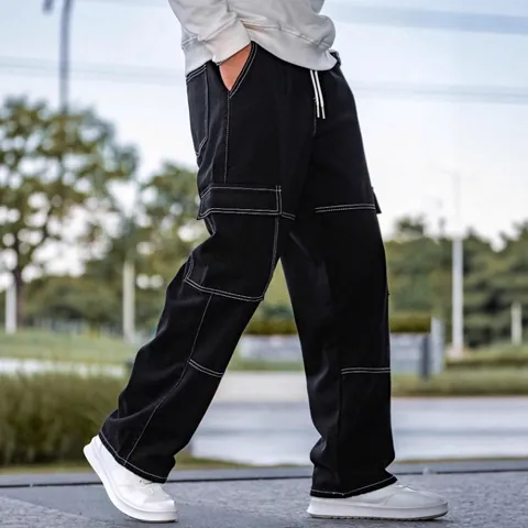 Men's Patchwork Drawstring Straight Cargo Jeans Distressed Denim Pants With Side Pockets Streetwear Fashion Bottom For Men
