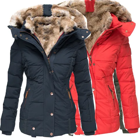 Women's Slim Fit Quilted Padded Jacket With Artificial Fur Hooded Collar Warm Cotton Outerwear Coat For Winter Daily Wear