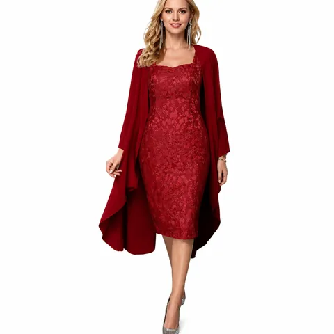 Women's Elegant Lace Hollow Out Camisole Dress With Cardigan Top And Bottom Two-Piece Set Polyester Casual Slim Fit Long Skirt