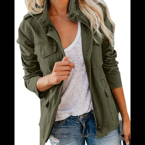 Women Slim Fit Multi-Pocket Zipper Jacket Outerwear Cotton Blend Solid Color Long Sleeve British Style Stand Collar Top