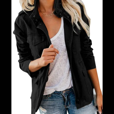 Women Slim Fit Multi-Pocket Zipper Jacket Outerwear Cotton Blend Solid Color Long Sleeve British Style Stand Collar Top