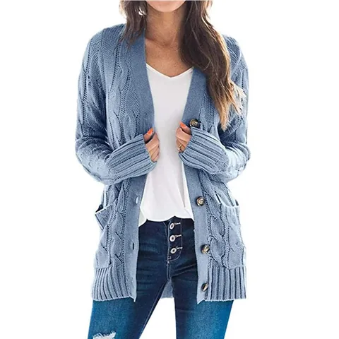 Women Casual Cable Knit Cardigan Sweater Loose Long Sleeve Button Down Knitwear With Pockets Mid-Length Cotton Blend Outerwear