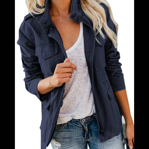 Women's Slim Fashion Multi-Pocket Cargo Jacket Cotton Blend Casual Lapel Zipper Outerwear Coat For Spring Autumn Top