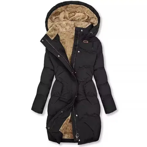 Women Winter Warm Hooded Parka Jacket Fleece Lined Cotton Coat With Fur Collar Long Sleeve Quilted Mid-Length Outwear Top