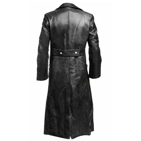 Men Vintage Medieval PU Leather Long Coat Double Breasted Military Style Trench Jacket For Autumn Winter Costume