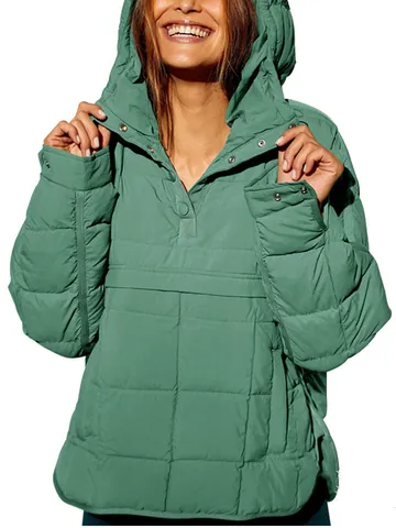 Women's Casual Quilted Cotton Hooded Pullover Jacket Fashion Solid Color Long Sleeve Anorak Top With Round Hem