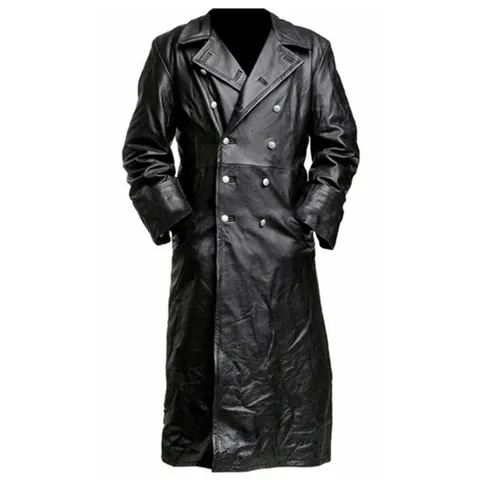 Men Vintage Medieval PU Leather Long Coat Double Breasted Military Style Trench Jacket For Autumn Winter Costume