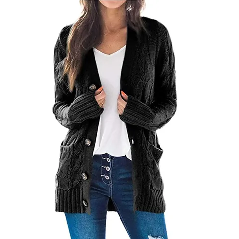 Women Casual Cable Knit Cardigan Sweater Loose Long Sleeve Button Down Knitwear With Pockets Mid-Length Cotton Blend Outerwear