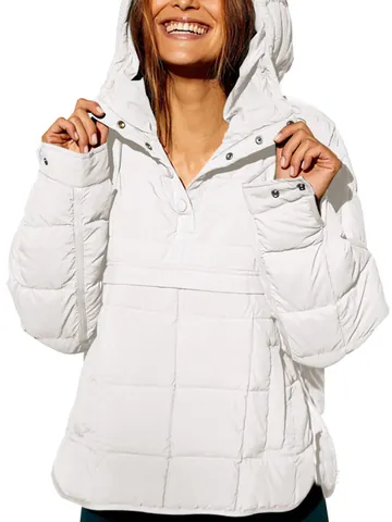 Women's Casual Quilted Cotton Hooded Pullover Jacket Fashion Solid Color Long Sleeve Anorak Top With Round Hem