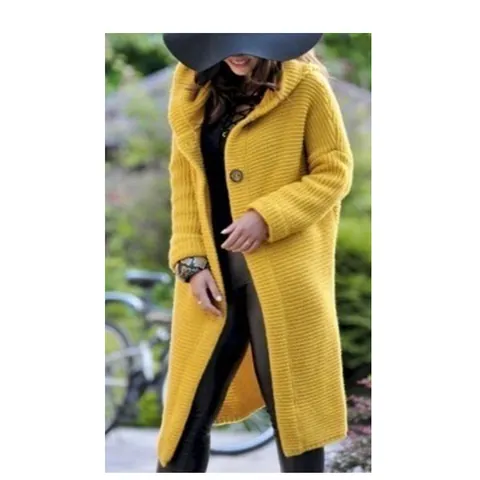 Women Hooded Knitted Cardigan Mid-Long Loose Cotton Sweater Outerwear With Buttons Long Sleeve Solid Color Warm Coat