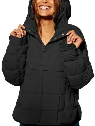 Sudadera Acolchada para Mujer con Capucha Manga Larga Botones de Presión Dobladillo Curvado Color Sólido Cálida para Invierno
