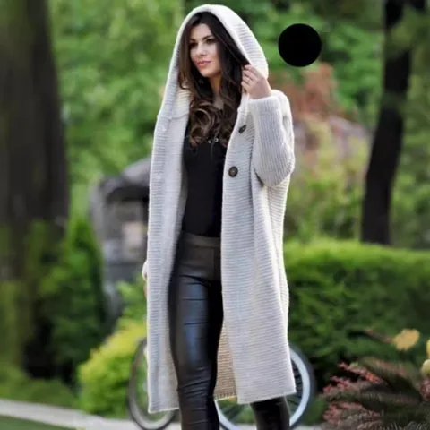 Women's Chunky Knit Hooded Cardigan Loose Mid-Length Cotton Blend Sweater Jacket Long Sleeve Button Open Front Coat