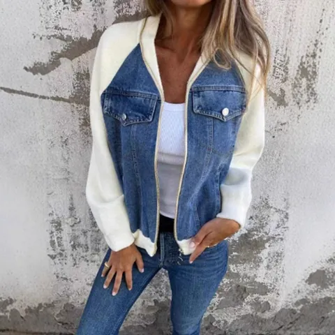 Women Casual Denim Stitching Jacket Fashion Outerwear Zipper Contrast Long Sleeve Streetwear Coat Pocket Casual Jacket