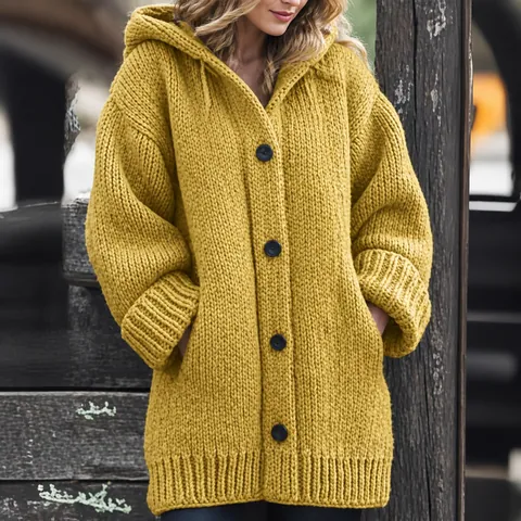 Women Mid-length Hooded Knit Cardigan Sweater Loose Single Breasted Buttons Long Sleeve Solid Color Warm Outerwear Top