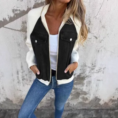 Women Casual Denim Stitching Jacket Fashion Outerwear Zipper Contrast Long Sleeve Streetwear Coat Pocket Casual Jacket