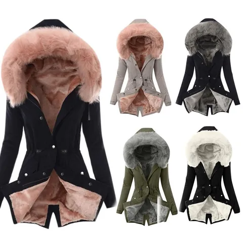 Women Cotton Parka Jacket With Rabbit Fur Collar Drawstring Waist Slim Fit Fleece Lined Padded Winter Coat Warm Outerwear