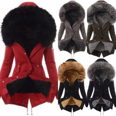 Women Slim Fit Hooded Parka Jacket With Faux Fur Collar Warm Cotton Padded Fleece Lined Winter Coat Drawstring Waist Top