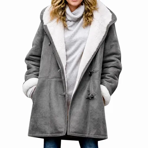 Women Winter Casual Loose Fleece Lined Hooded Cotton Padded Coat Jacket Long Sleeve Toggle Button Warm Outerwear