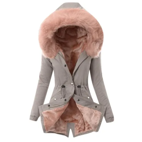 Women Cotton Parka Jacket With Rabbit Fur Collar Drawstring Waist Slim Fit Fleece Lined Padded Winter Coat Warm Outerwear