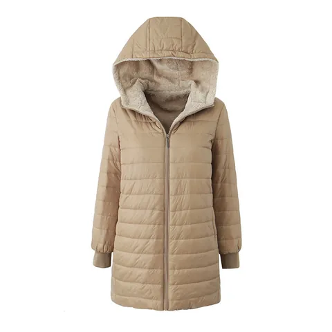 Women's Mid-Length Hooded Padded Cotton Jacket Slim Fit Fleece Lined Lamb Fleece Warm Quilted Woven Coat For Winter Outerwear