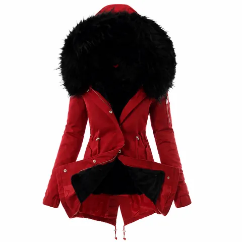 Women Slim Fit Hooded Parka Jacket With Faux Fur Collar Warm Cotton Padded Fleece Lined Winter Coat Drawstring Waist Top