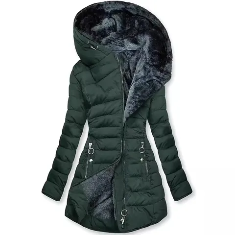 Manteau d'Hiver à Capuche pour Femme Doublé Polaire Col en Fausse Fourrure Veste Matelassée Coupe Ajustée Mi-longue Top