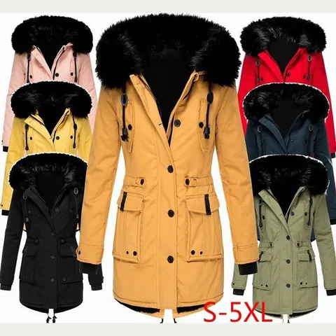 Women Winter Parka Padded Coat With Faux Fur Collar Fleece Lined Hooded Windproof Cotton Jacket Drawstring Waist Outerwear Top