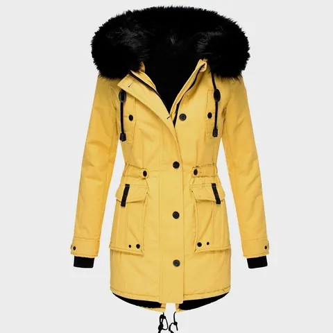 Women Winter Parka Padded Coat With Faux Fur Collar Fleece Lined Hooded Windproof Cotton Jacket Drawstring Waist Outerwear Top