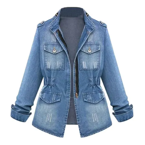 Women Casual Long Sleeve Denim Jacket With Drawstring Waist And Multi Pockets Distressed Washed Cotton Street Style Outerwear Top