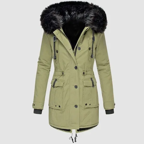 Women's Slim Fit Padded Parka Jacket With Large Fox Fur Collar Hooded Long Quilted Winter Coat For Outdoor Mountain Climbing