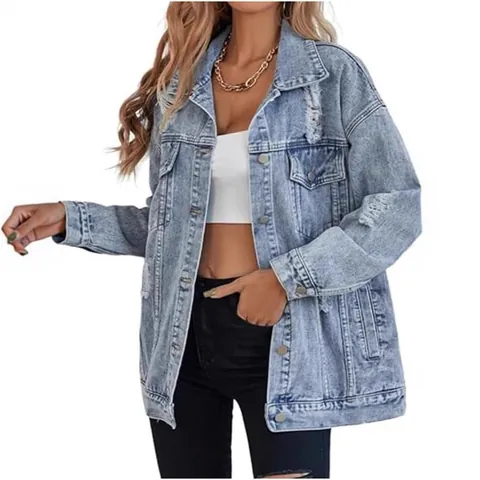 Women Oversized Denim Jacket Distressed Ripped Boyfriend Style Long Sleeve Polyester Jean Coat Vintage Outerwear For Women